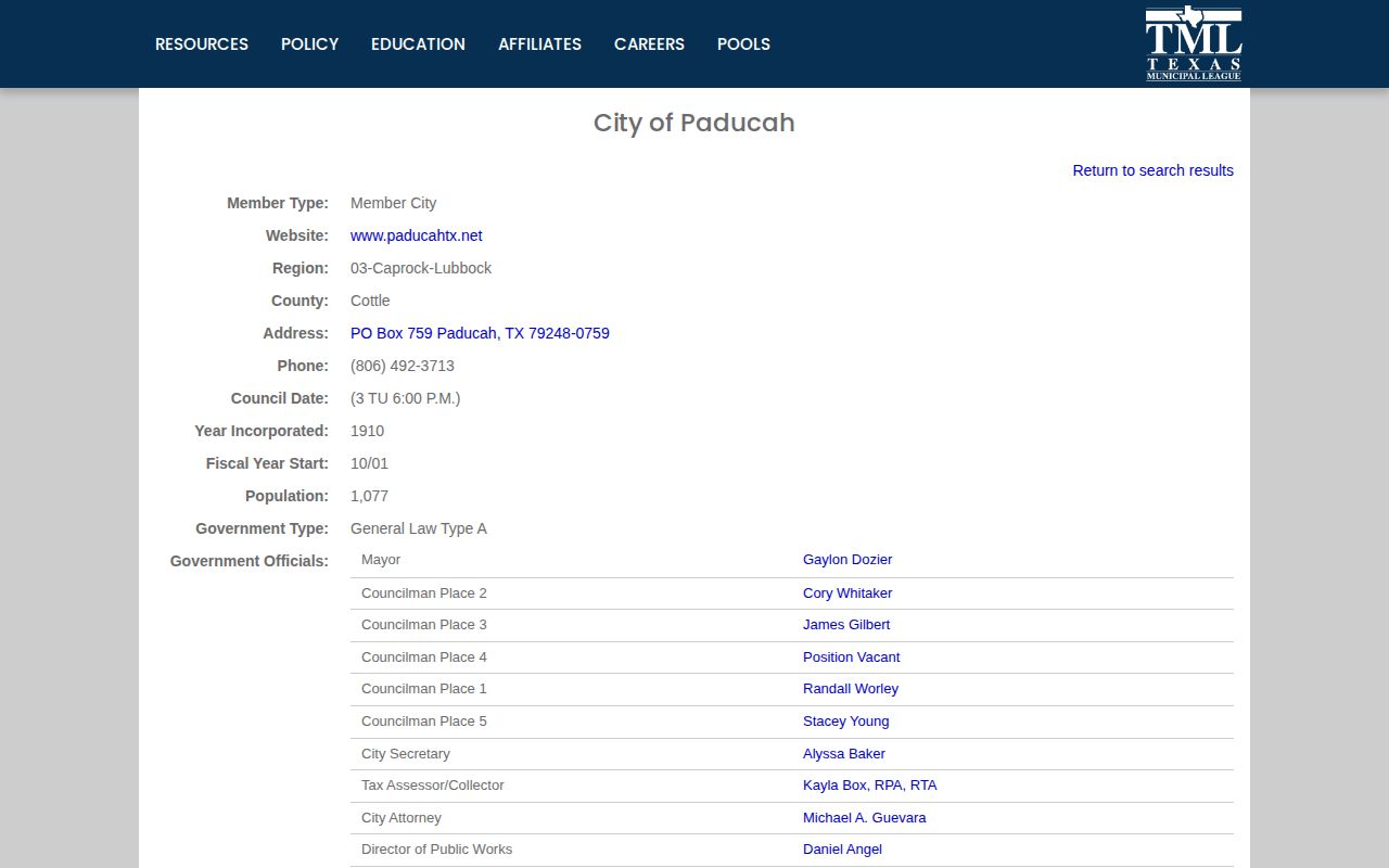 Cottle County Paducah municipal directory contact for arrest-record routing