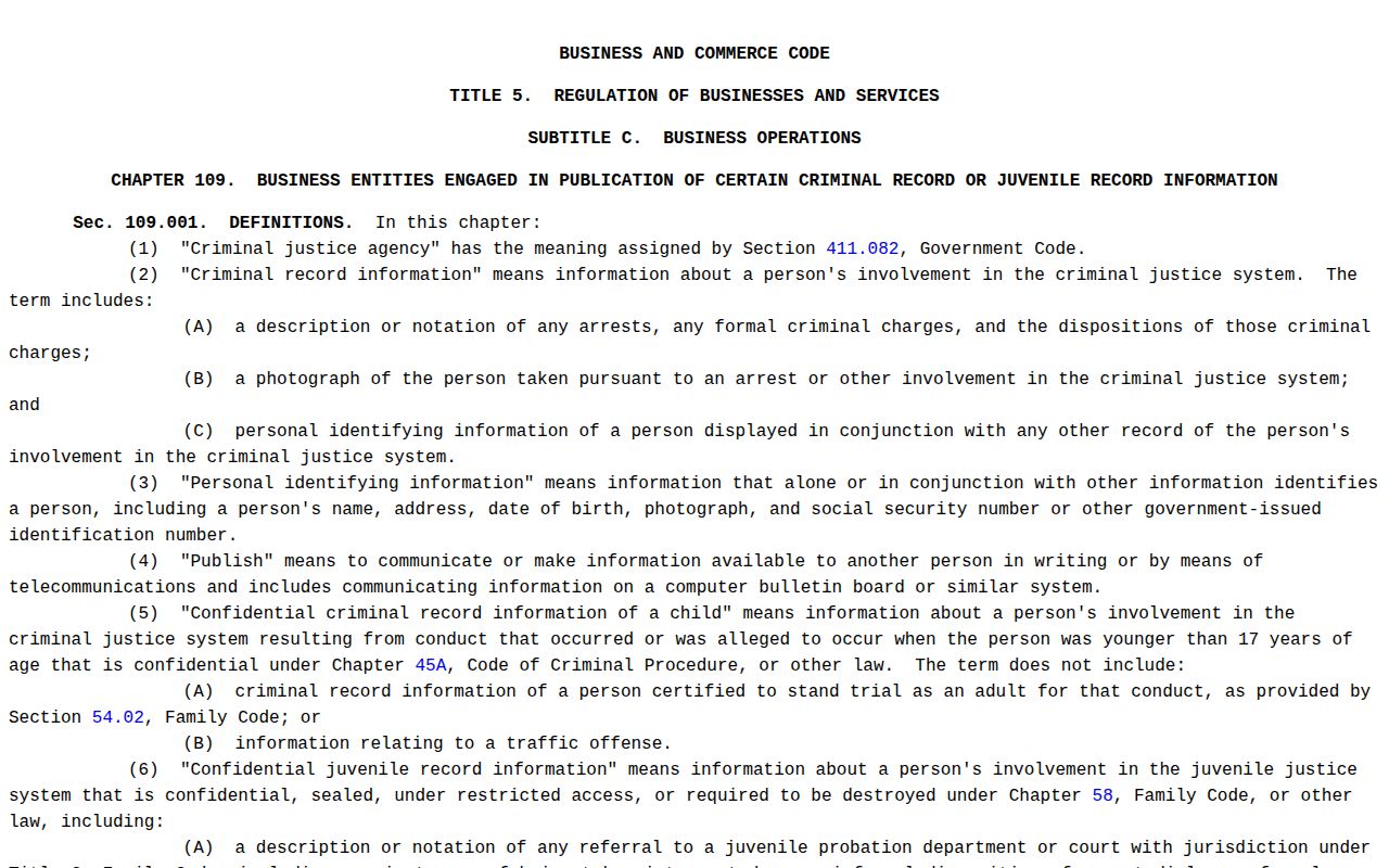 Cottle County booking-record law reference in the Texas Chapter 109 statute