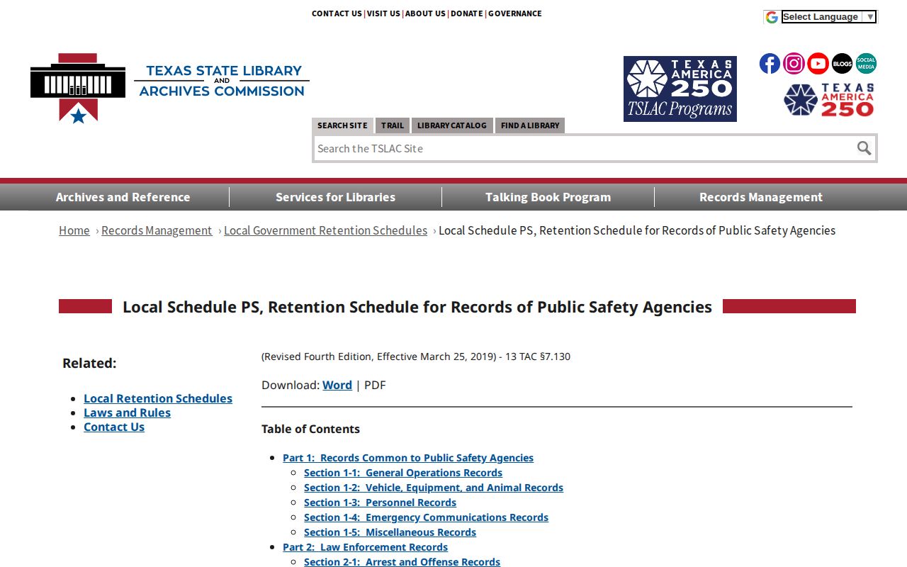 Cottle County booking-record retention reference in the Texas local records schedule